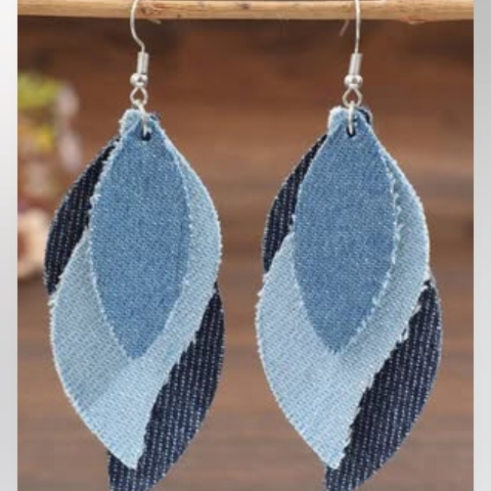 Layered Blue Denim Leaf Drop Earrings - Women Jewelry